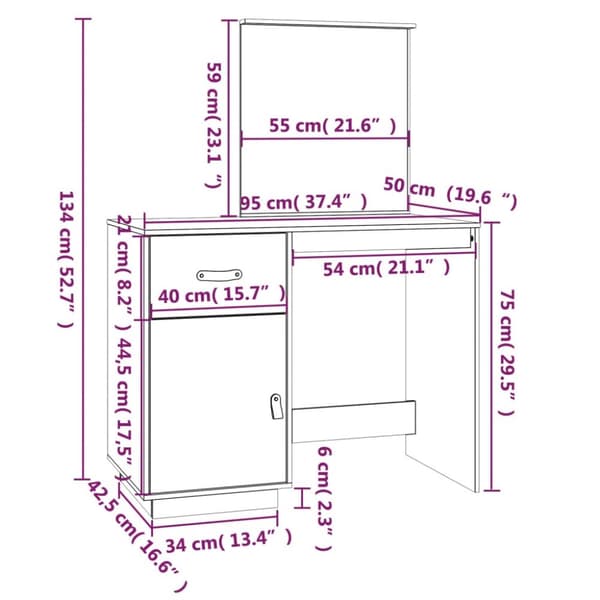makeupbord 95x50x134 cm massivt fyrretræ