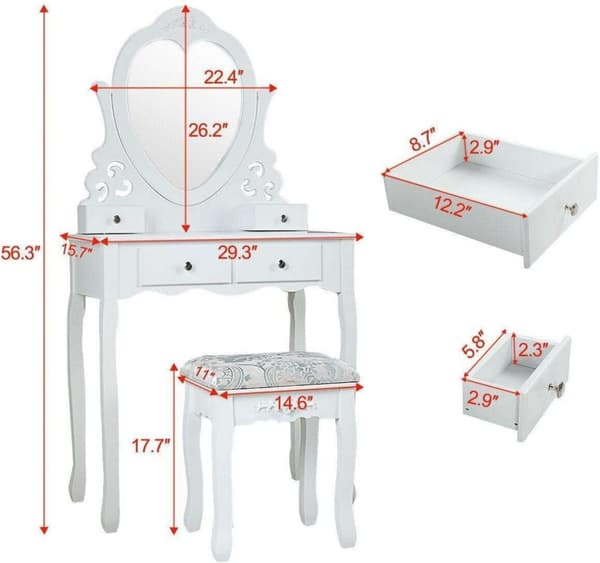 Sminkbord - med hjärtformad spegel & pall - 50x30x136cm - vit