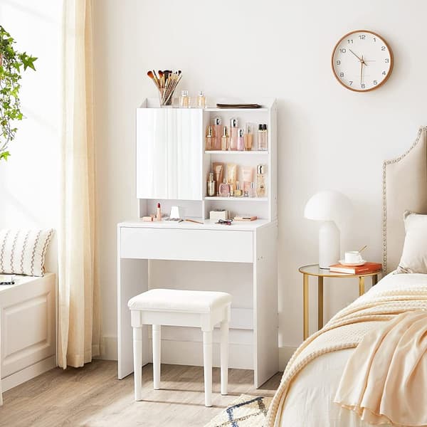 Rootz White spånplade sminkebord - Sminkebord - Makeup skrivebord - 70 x 40 x 136 cm - Anti-Tip-enhed - Nem montering - Opbevaringsplads