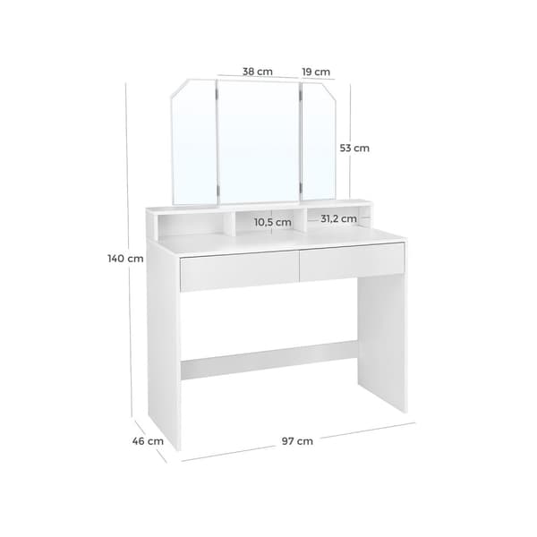 Rootz valkoinen peilipöytä taitettavalla peilillä - Makeup Vanity - Beauty Station - Lastulevy melamiinipinnoitteella - 100cm x 40cm x 142cm
