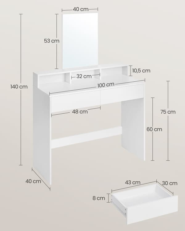 Rootz White Chipboard Sminkbord - Sminkbord - Sminkbord - Rymlig förvaring - Robust konstruktion - Enkel montering - 40cm x 100cm x 140cm