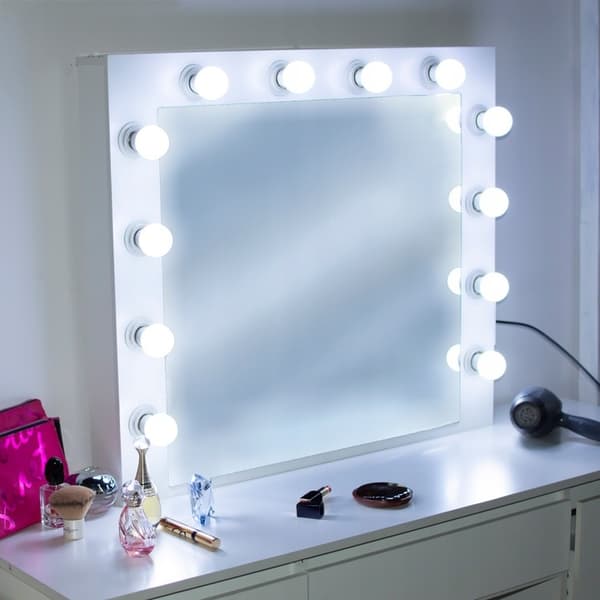 Træ make-up bord - med skuffer - spejl - LED - USB - stikkontakt - 140x94x43cm