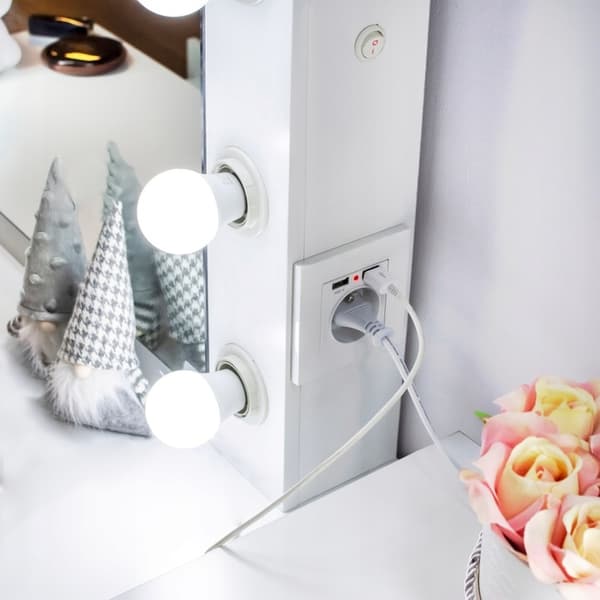 Træ make-up bord - med skuffer - spejl - LED - USB - stikkontakt - 140x94x43cm
