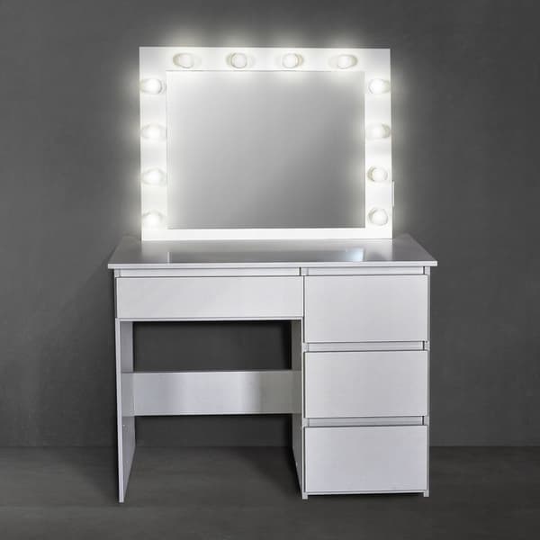 Træ make-up bord - med skuffer - spejl - LED - USB - stikkontakt - 140x94x43cm