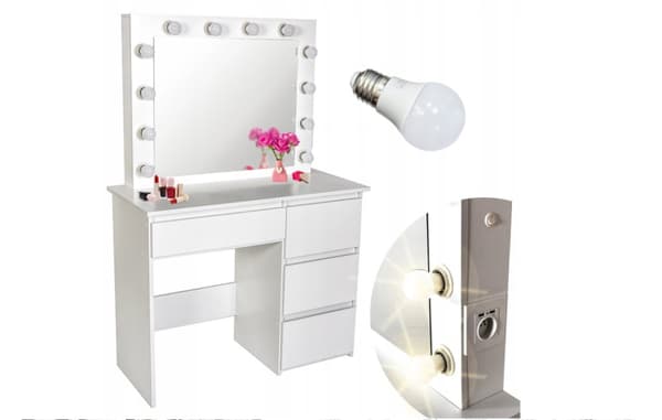 Træ make-up bord - med skuffer - spejl - LED - USB - stikkontakt - 140x94x43cm