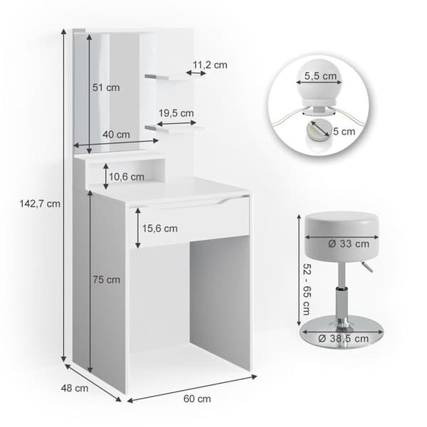 Vicco Ruben sminkbord, Vit, 60 cm med LED-belysning och pall