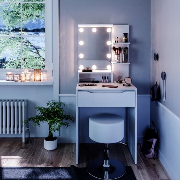 Vicco Ruben sminkbord, Vit, 60 cm med LED-belysning och pall