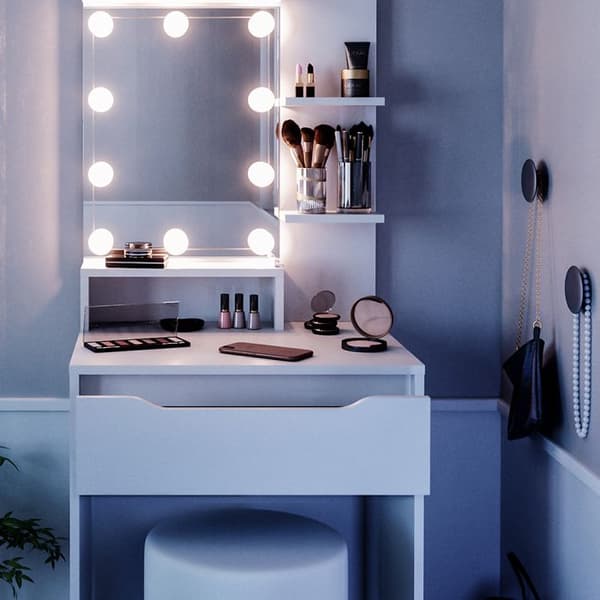 Vicco Ruben sminkbord, Vit, 60 cm med LED-belysning och pall