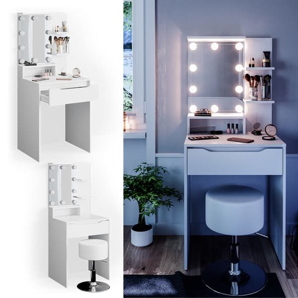 Vicco Ruben sminkbord, Vit, 60 cm med LED-belysning och pall