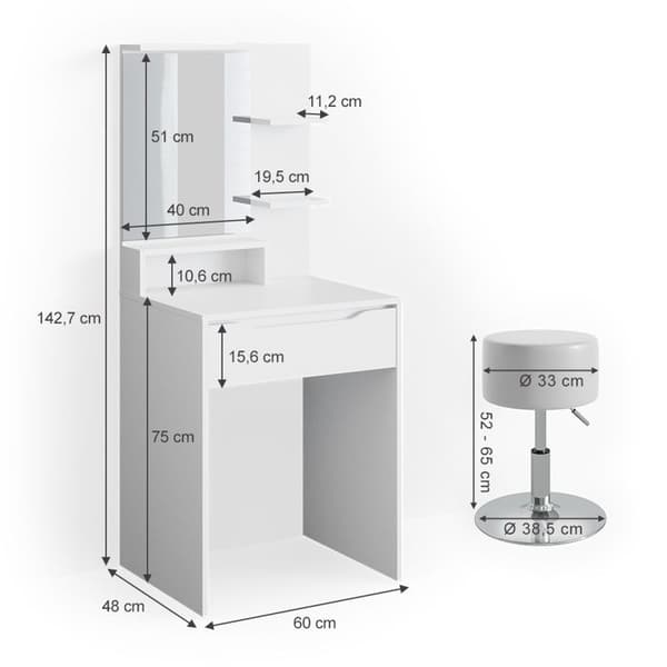 Vicco Ruben sminkbord, Vit, 60 cm med pall