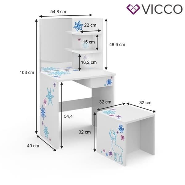 Vicco sminkbord för barn, sminkbord för barn, sminkbord med pall, liten flicka