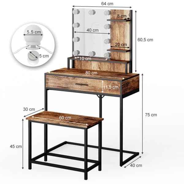 Vicco Fyrk sminkbord, Rustik ek, 80 cm med LED-belysning och stol