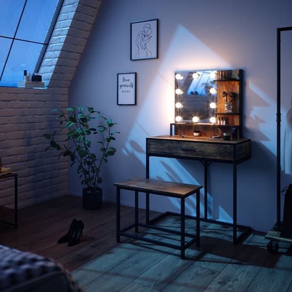 Vicco Fyrk sminkbord, Rustik ek, 80 cm med LED-belysning och stol