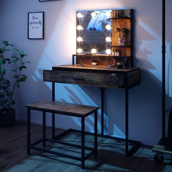 Vicco Fyrk sminkbord, Rustik ek, 80 cm med LED-belysning och stol