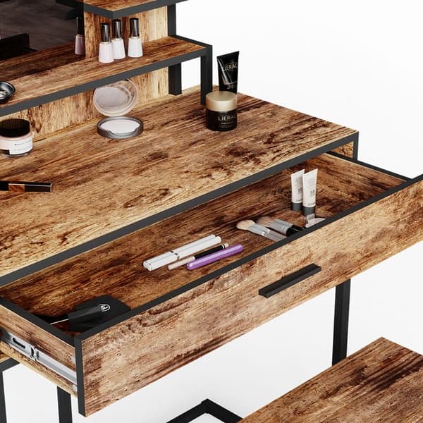 Vicco Fyrk sminkbord, Rustik ek, 80 cm med LED-belysning och stol