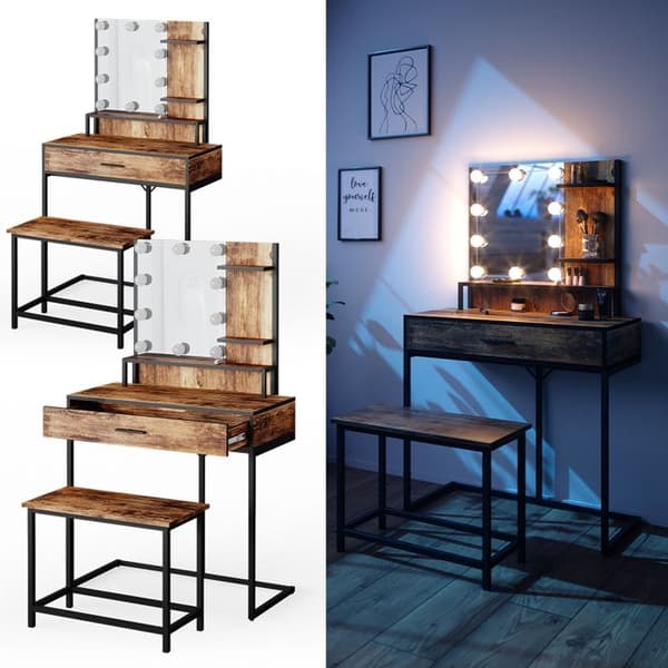 Vicco Fyrk sminkbord, Rustik ek, 80 cm med LED-belysning och stol