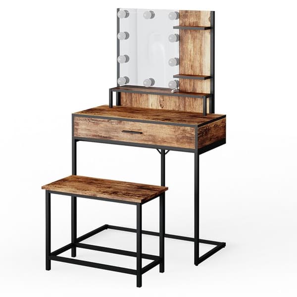 Vicco Fyrk sminkbord, Rustik ek, 80 cm med LED-belysning och stol