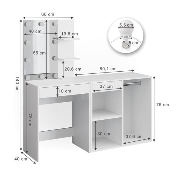 Vicco Isabelle sminkbord, Vit, 140 cm med LED-belysning och skåp