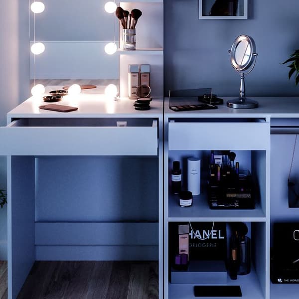 Vicco Isabelle sminkbord, Vit, 140 cm med LED-belysning och skåp