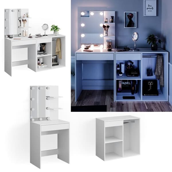 Vicco Isabelle sminkbord, Vit, 140 cm med LED-belysning och skåp