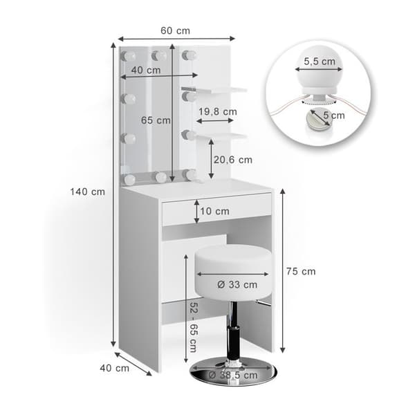 Vicco Isabelle sminkbord, Vit, 60 cm med LED-belysning och pall