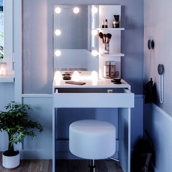 Vicco Isabelle sminkbord, Vit, 60 cm med LED-belysning och pall