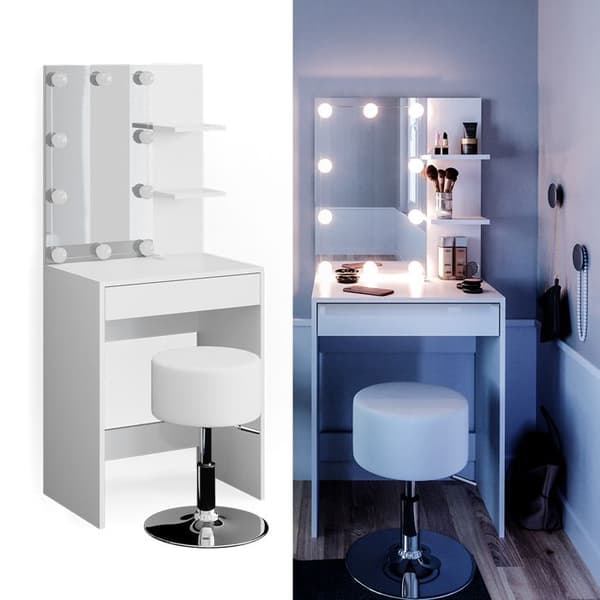 Vicco Isabelle sminkbord, Vit, 60 cm med LED-belysning och pall