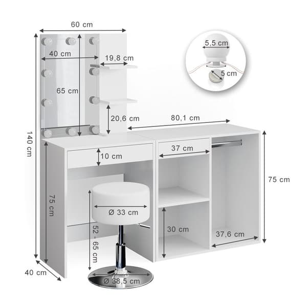 Vicco Isabelle sminkbord, Vit, 140 cm med LED, pall och skåp