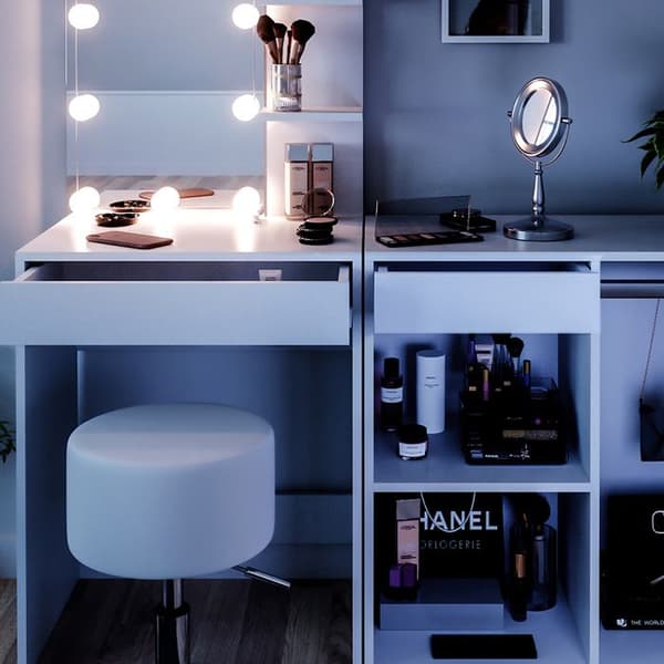 Vicco Isabelle sminkbord, Vit, 140 cm med LED, pall och skåp