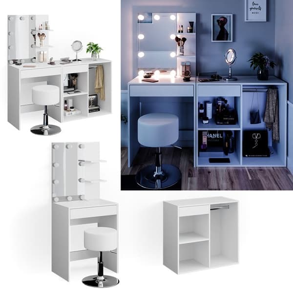 Vicco Isabelle sminkbord, Vit, 140 cm med LED, pall och skåp