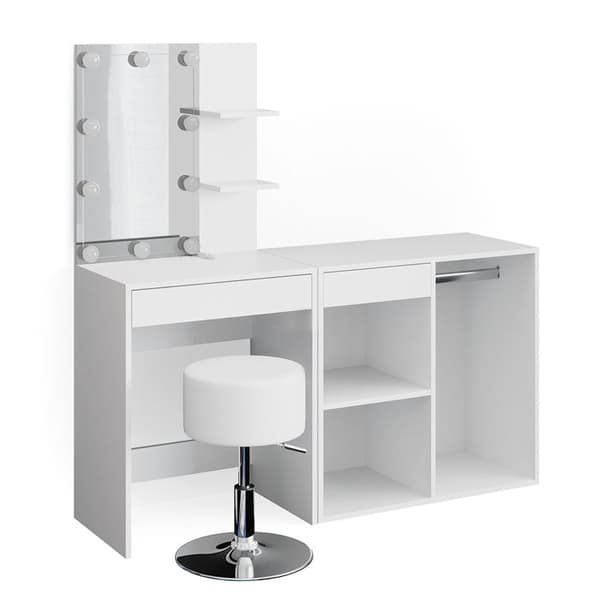 Vicco Isabelle sminkbord, Vit, 140 cm med LED, pall och skåp
