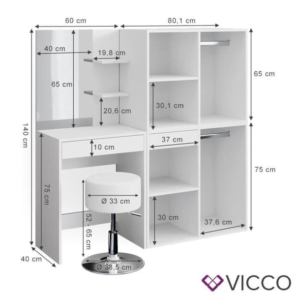 Vicco Isabelle sminkbord, sminkbord, sminkbyrå + pall, enstaka möbler