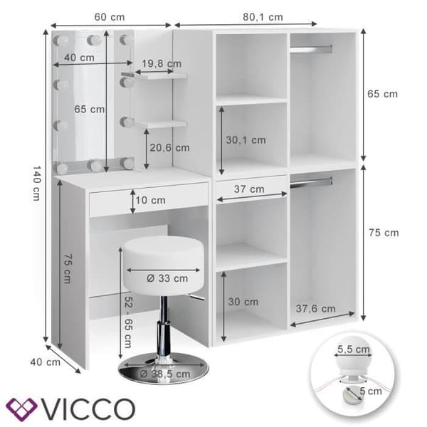 Vicco Isabelle sminkbord, sminkbord, LED-belysning, pall, enstaka möbler