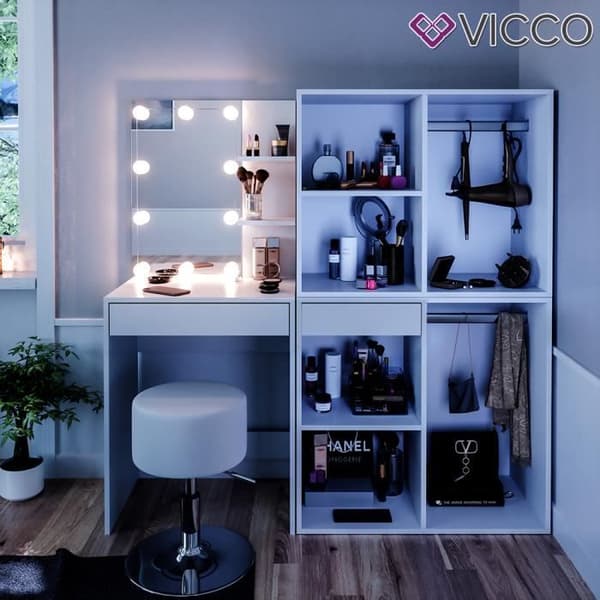 Vicco Isabelle sminkbord, sminkbord, LED-belysning, pall, enstaka möbler