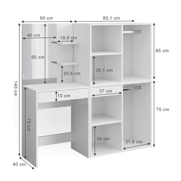 Vicco Isabelle sminkbord, Vit, 140 cm med skåp