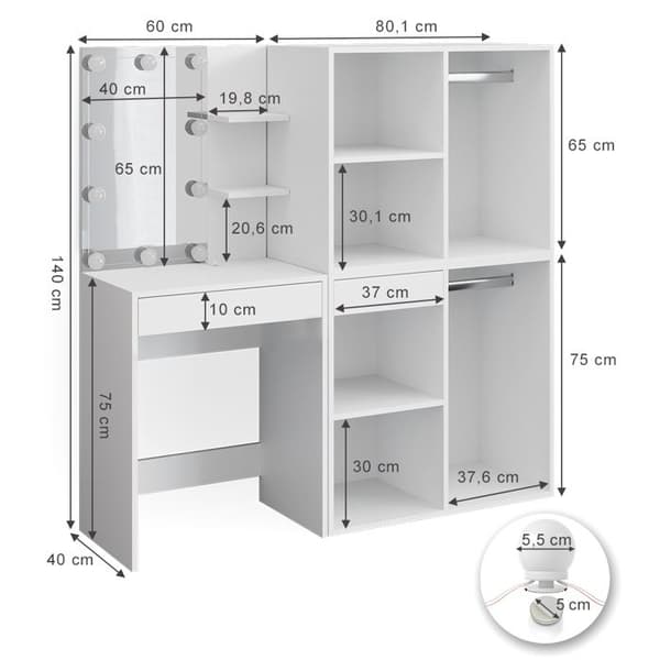 Vicco Isabelle sminkbord, Vit, 140 cm med LED-belysning och skåp