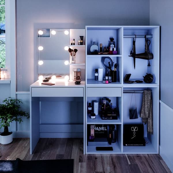 Vicco Isabelle sminkbord, Vit, 140 cm med LED-belysning och skåp