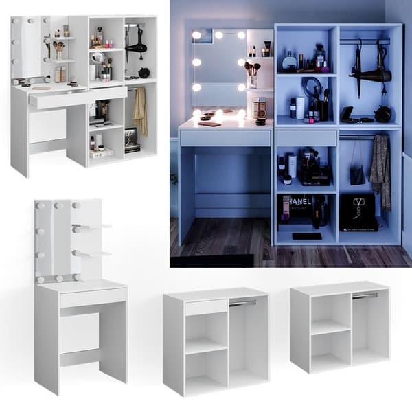 Vicco Isabelle sminkbord, Vit, 140 cm med LED-belysning och skåp