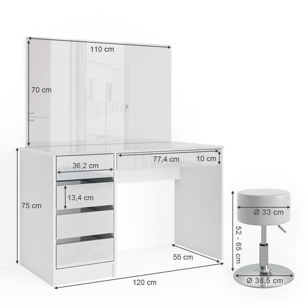 Vicco Sherry sminkbord, Vit Högblank, 120 cm med pall