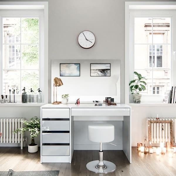 Vicco Sherry sminkbord, Vit Högblank, 120 cm med pall