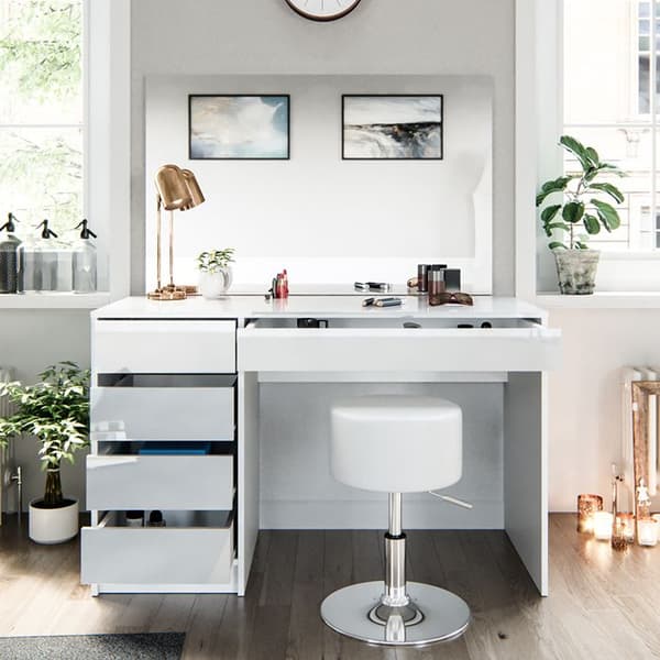Vicco Sherry sminkbord, Vit Högblank, 120 cm med pall