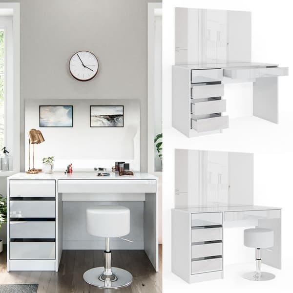 Vicco Sherry sminkbord, Vit Högblank, 120 cm med pall