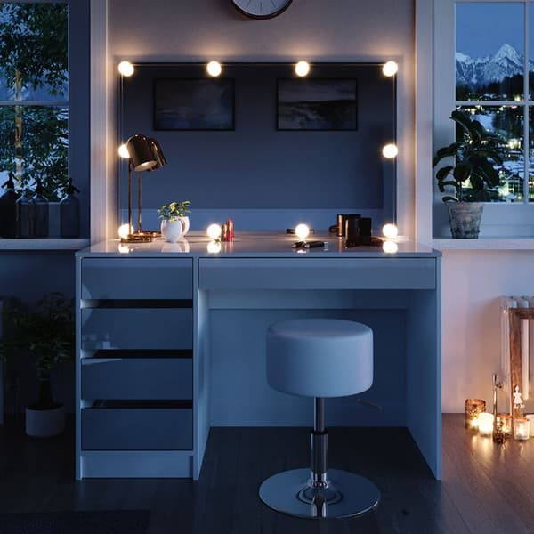 Vicco Sherry sminkbord, Högblank vit, 120 cm med LED-belysning och pall