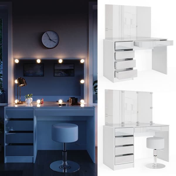 Vicco Sherry sminkbord, Högblank vit, 120 cm med LED-belysning och pall