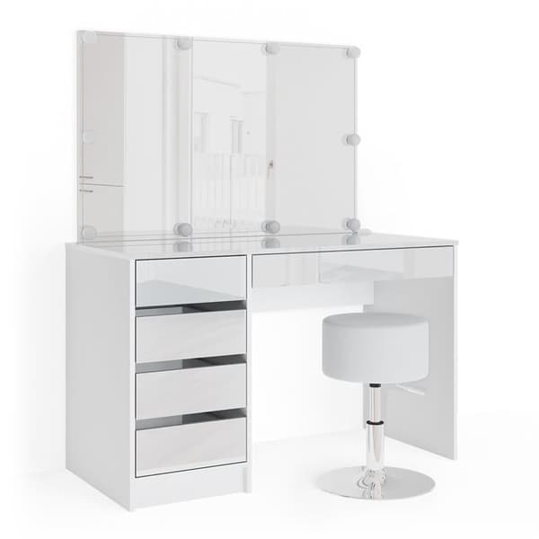 Vicco Sherry sminkbord, Högblank vit, 120 cm med LED-belysning och pall