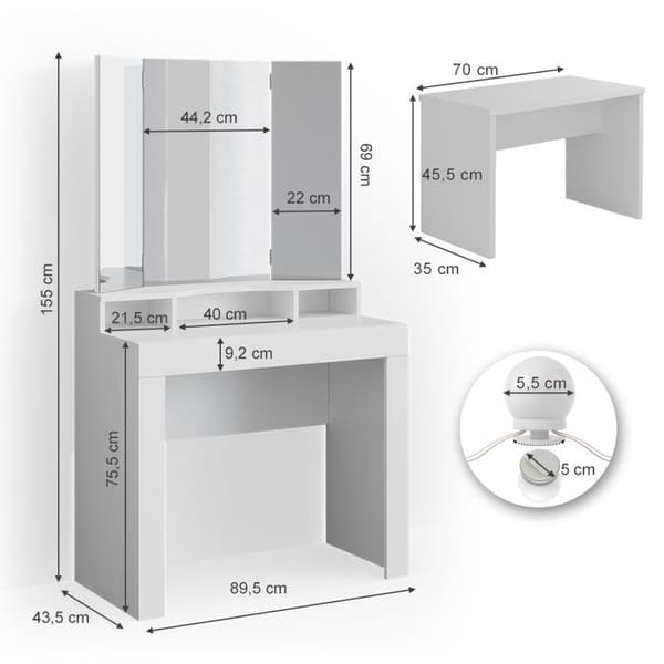 Vicco Nora sminkbord, Vit, 90 cm med LED-belysning och bänk