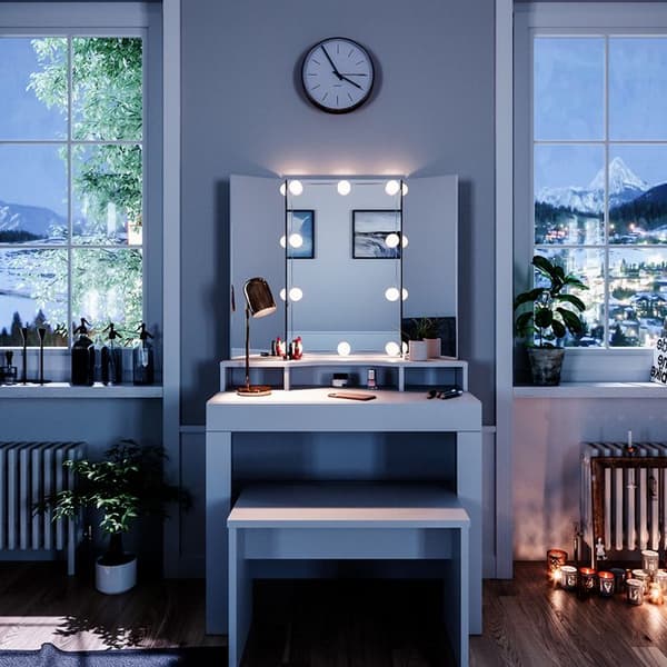 Vicco Nora sminkbord, Vit, 90 cm med LED-belysning och bänk