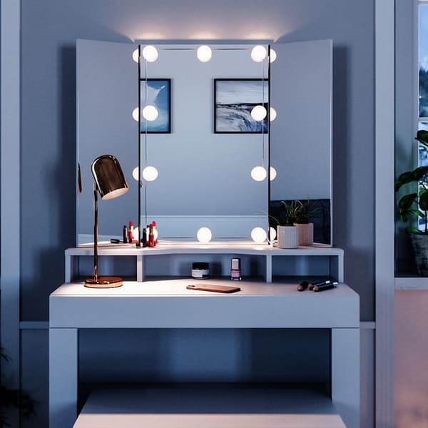 Vicco Nora sminkbord, Vit, 90 cm med LED-belysning och bänk
