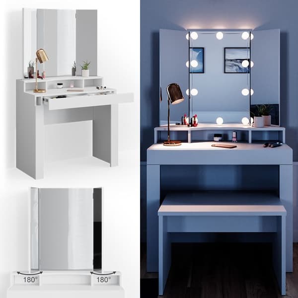 Vicco Nora sminkbord, Vit, 90 cm med LED-belysning och bänk