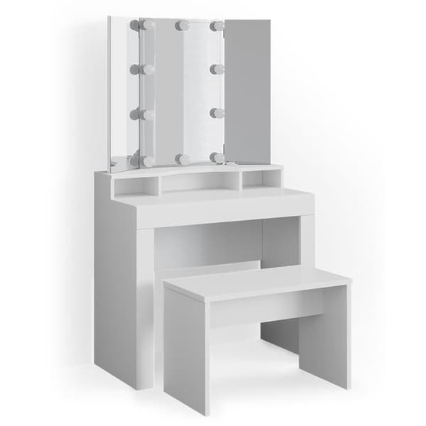 Vicco Nora sminkbord, Vit, 90 cm med LED-belysning och bänk